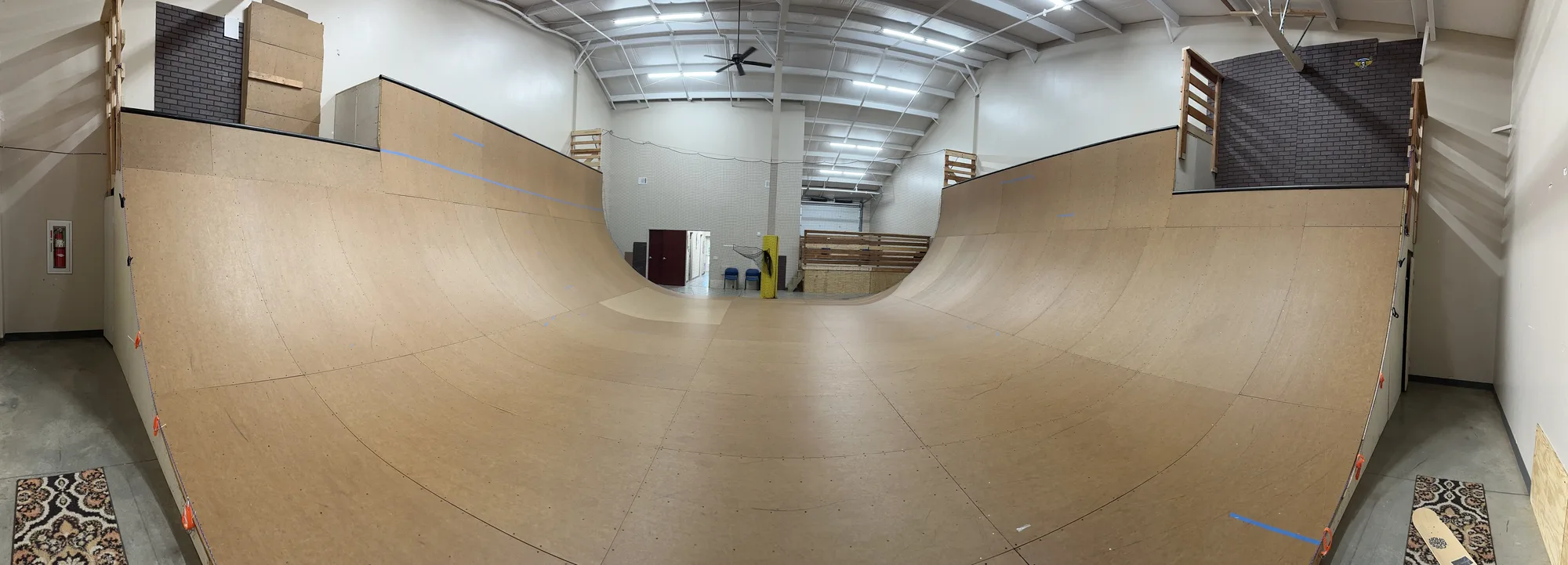 Panoramic view across the rebuilt vert ramp at Kinda Mellow Skatepark