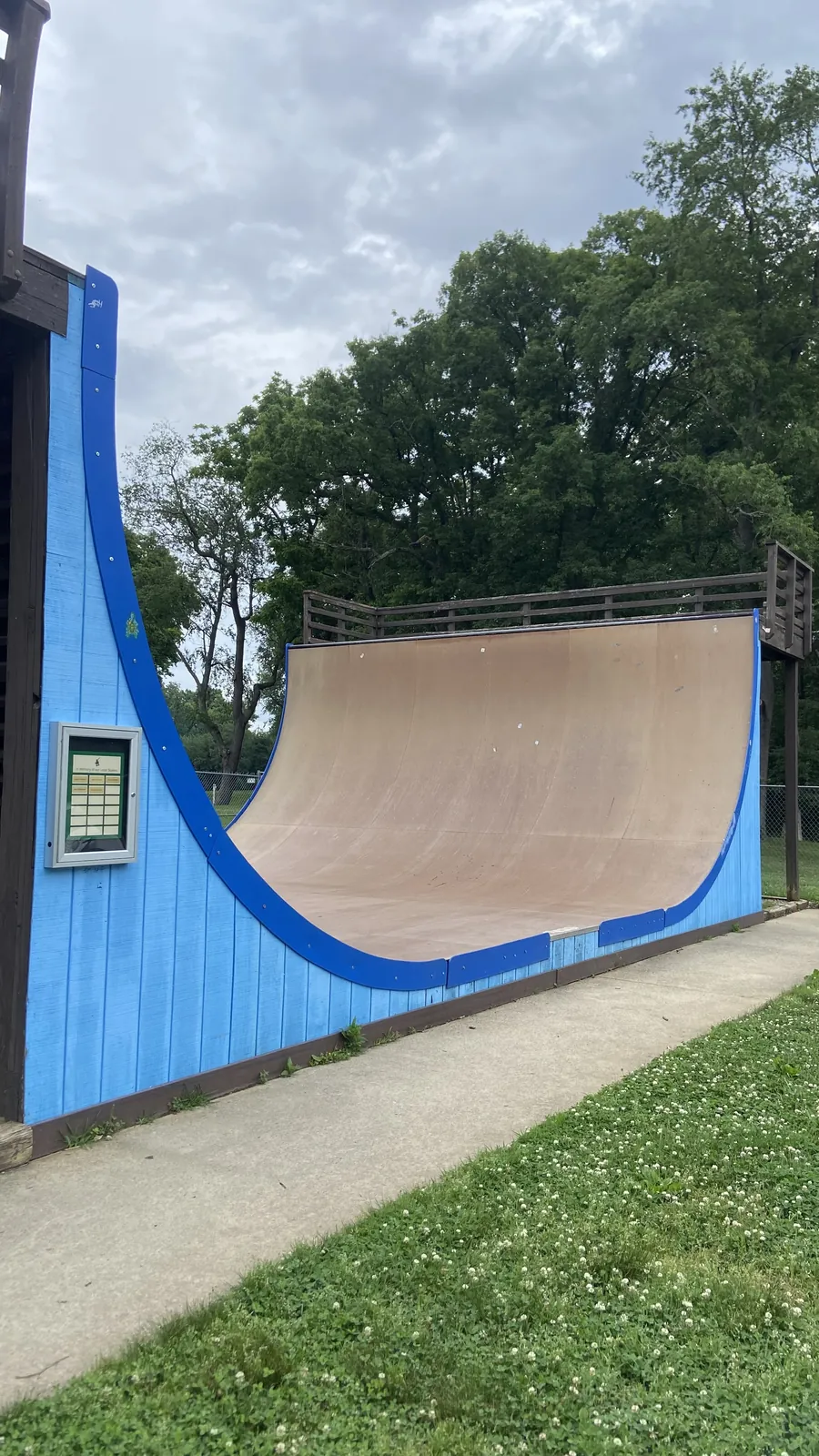 Blue side profile of the vert ramp at Scott D. Eagles Skate Park
